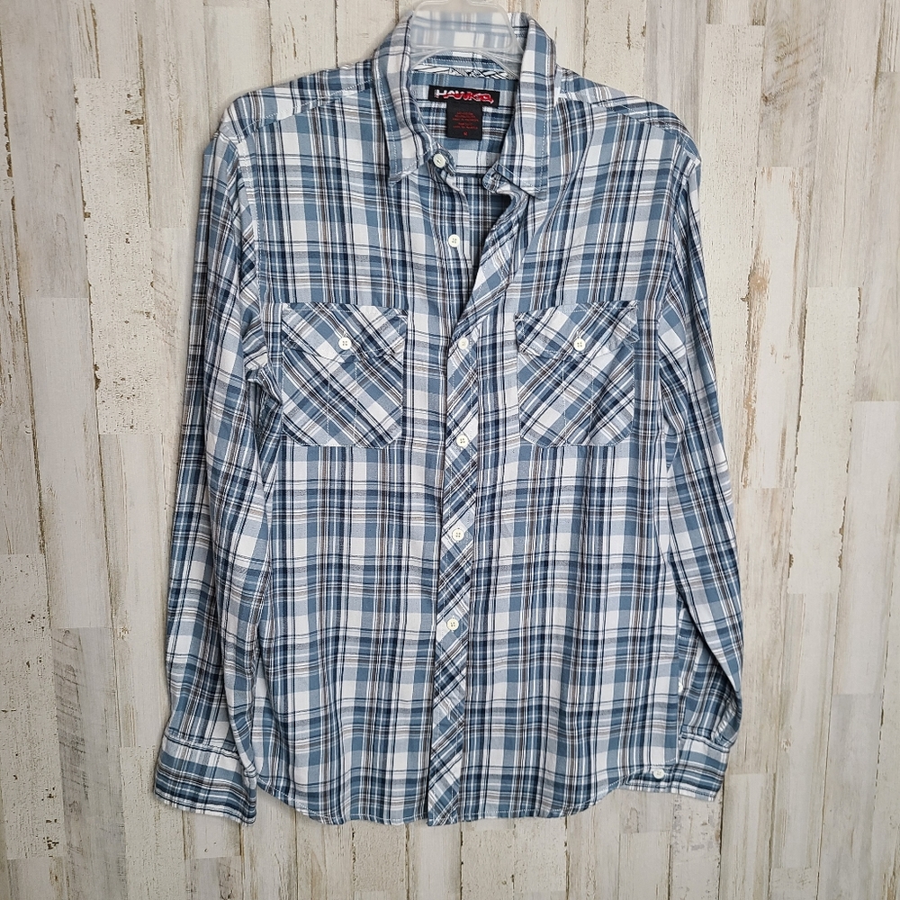 Tony Hawk Blue and White Plaid Button Up Long Sleeve Shirt Casual - Picture 6 of 10